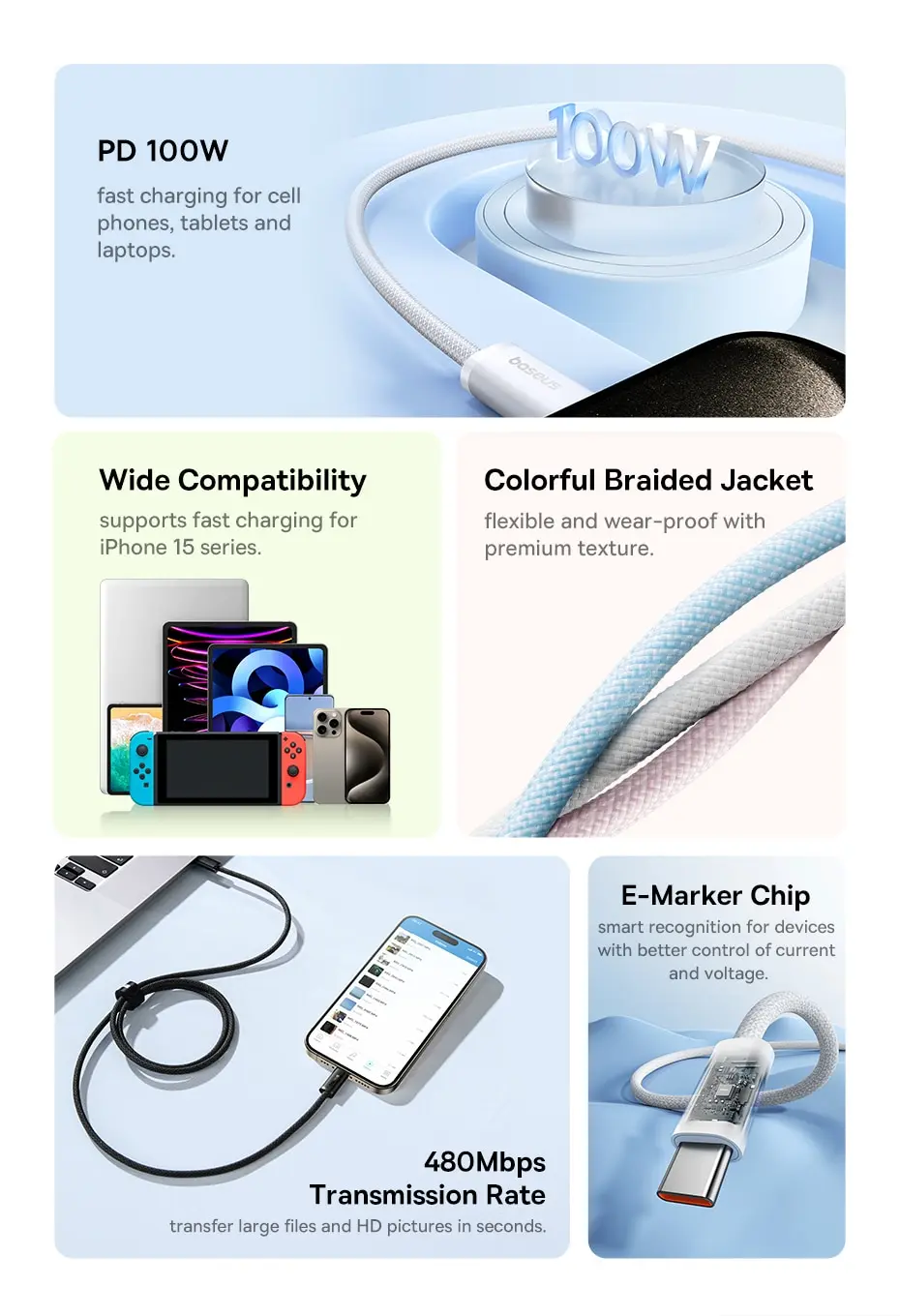 Baseus 100w tipo c para cabo usb c para iphone 16 15 cabo de carregamento rápido para macbook ipad samsung xiaomi fio usb c rápido